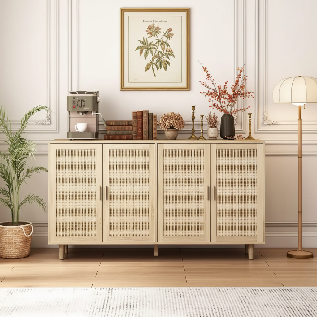 Meuble de rangement décoratif en rotin à 4 portes