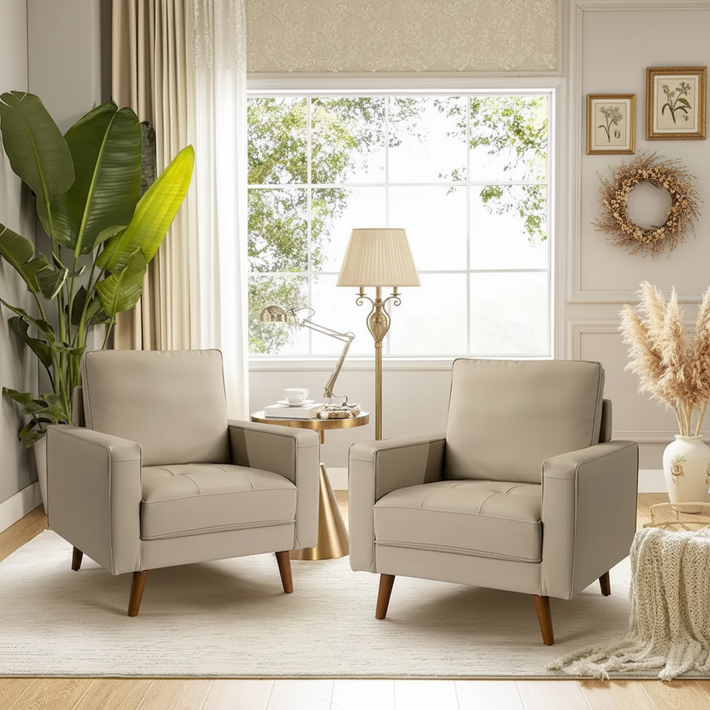 Fauteuil Elizabeth en cuir véritable, style Mid-century