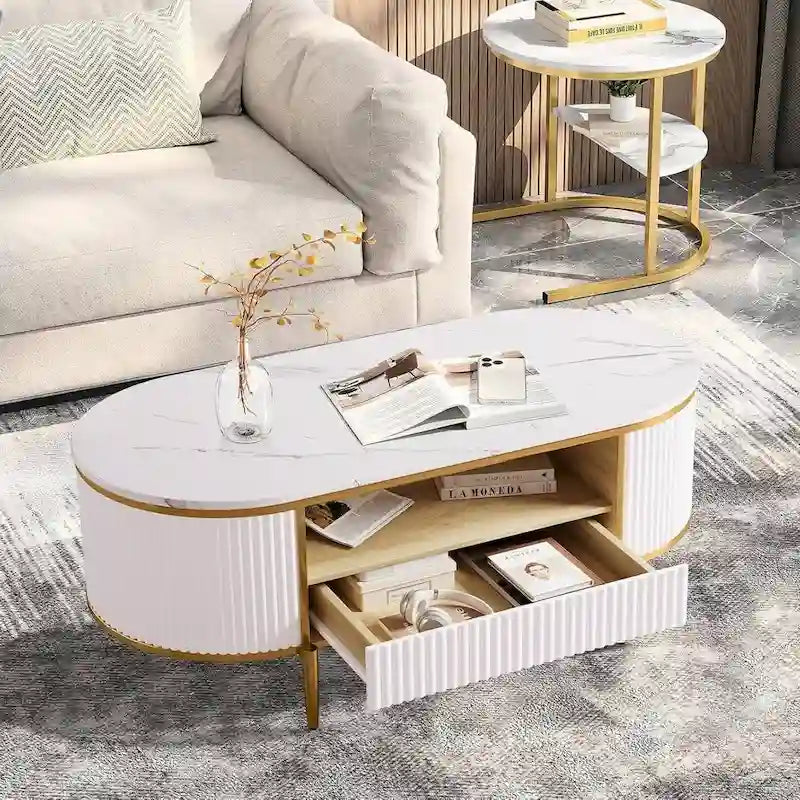 Table Basse Ovale Moderne avec Tiroirs