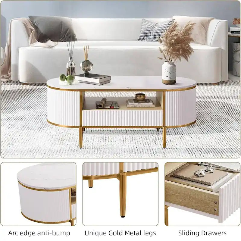 Table Basse Ovale Moderne avec Tiroirs
