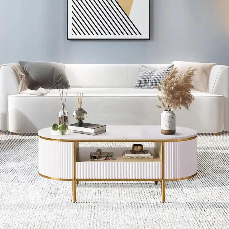 Table Basse Ovale Moderne avec Tiroirs