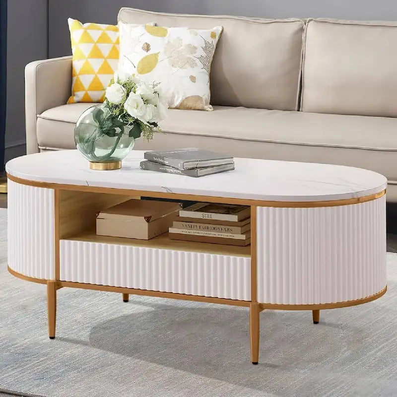 Table Basse Ovale Moderne avec Tiroirs