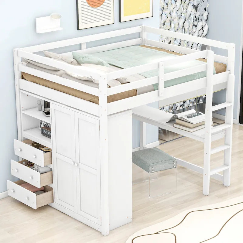 Lit mezzanine en bois massif avec armoire et bureau