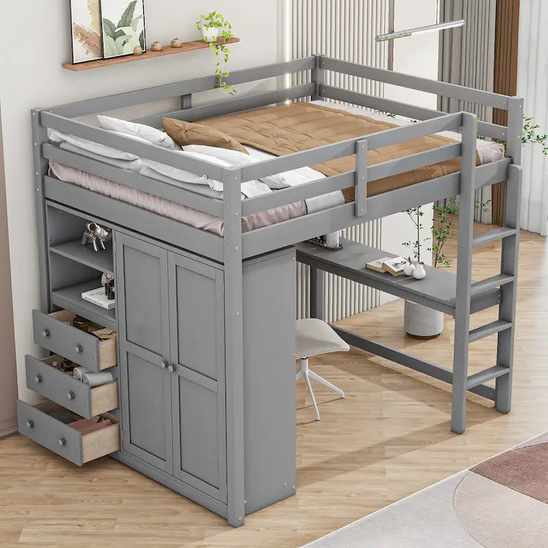 Lit mezzanine en bois massif avec armoire et bureau