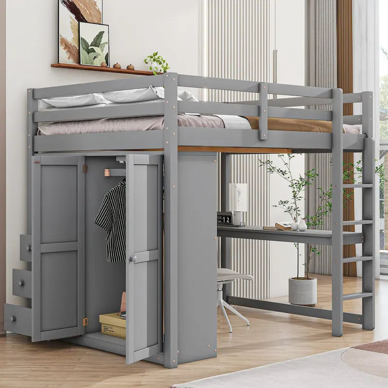 Lit mezzanine en bois massif avec armoire et bureau