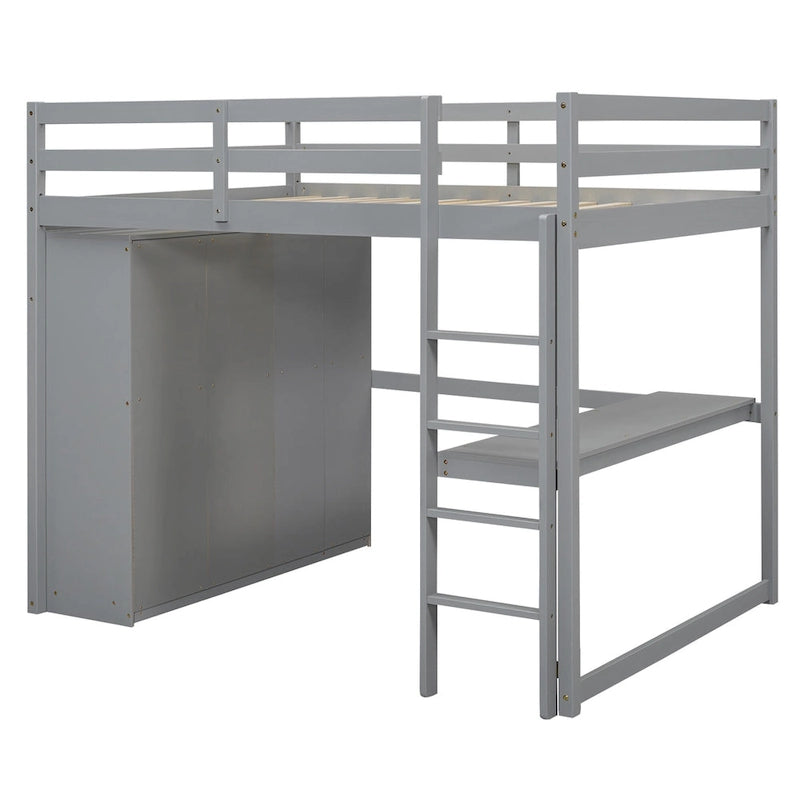 Lit mezzanine en bois massif avec armoire et bureau