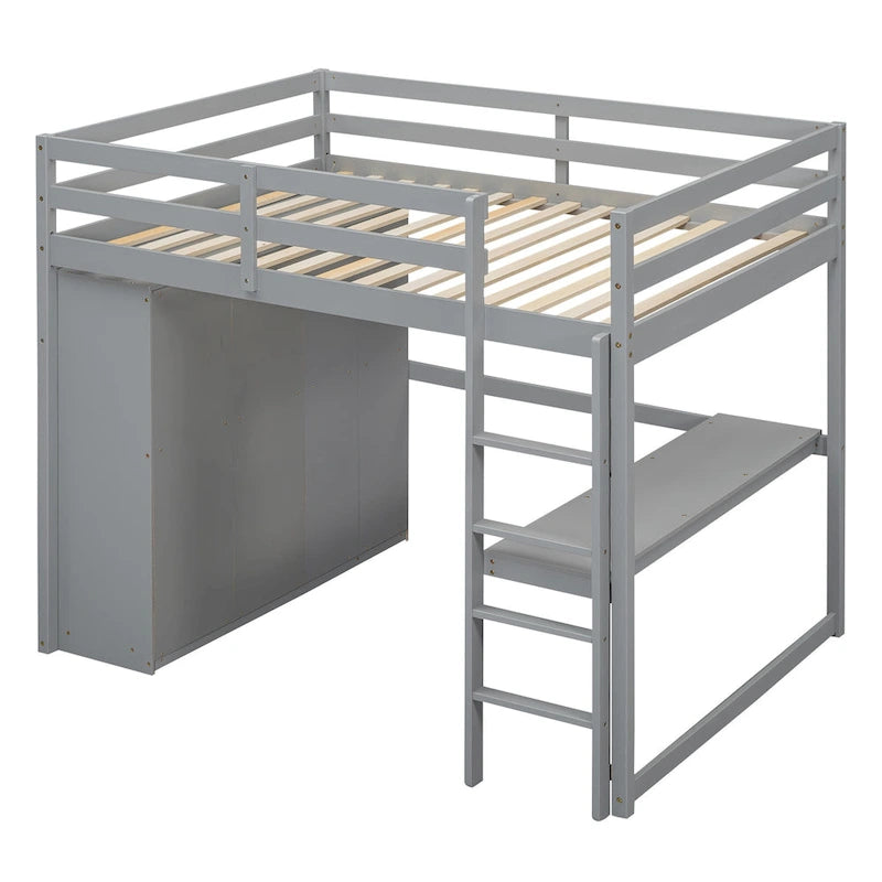 Lit mezzanine en bois massif avec armoire et bureau