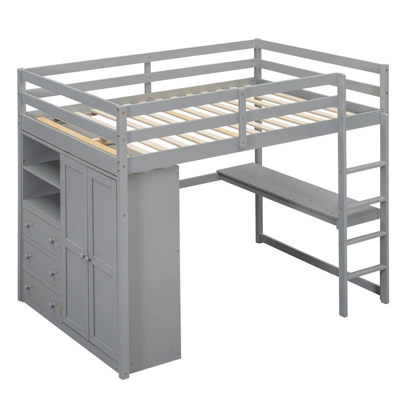 Lit mezzanine en bois massif avec armoire et bureau