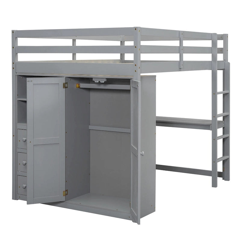 Lit mezzanine en bois massif avec armoire et bureau