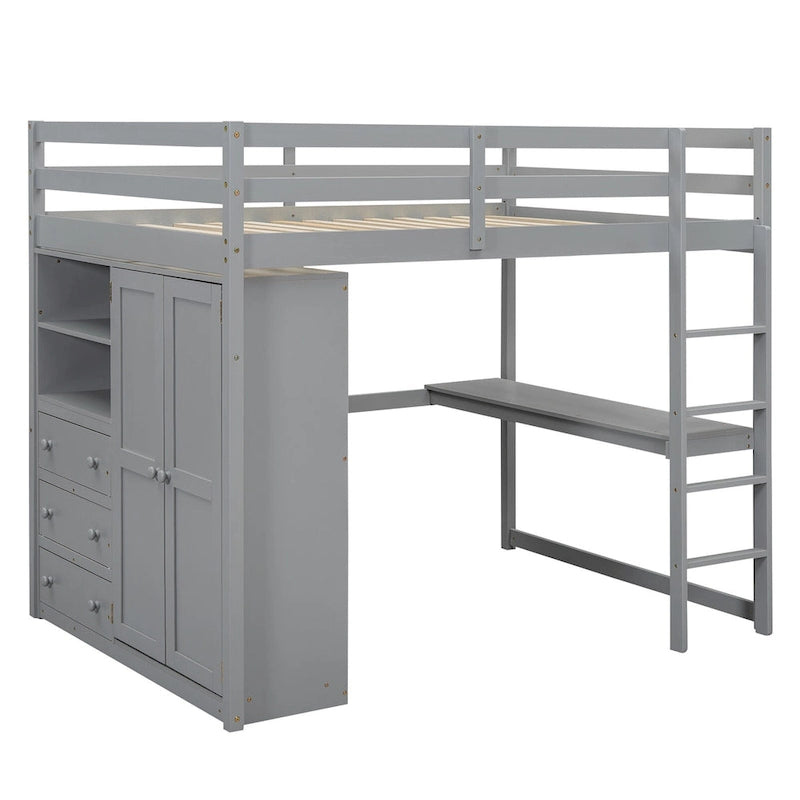 Lit mezzanine en bois massif avec armoire et bureau