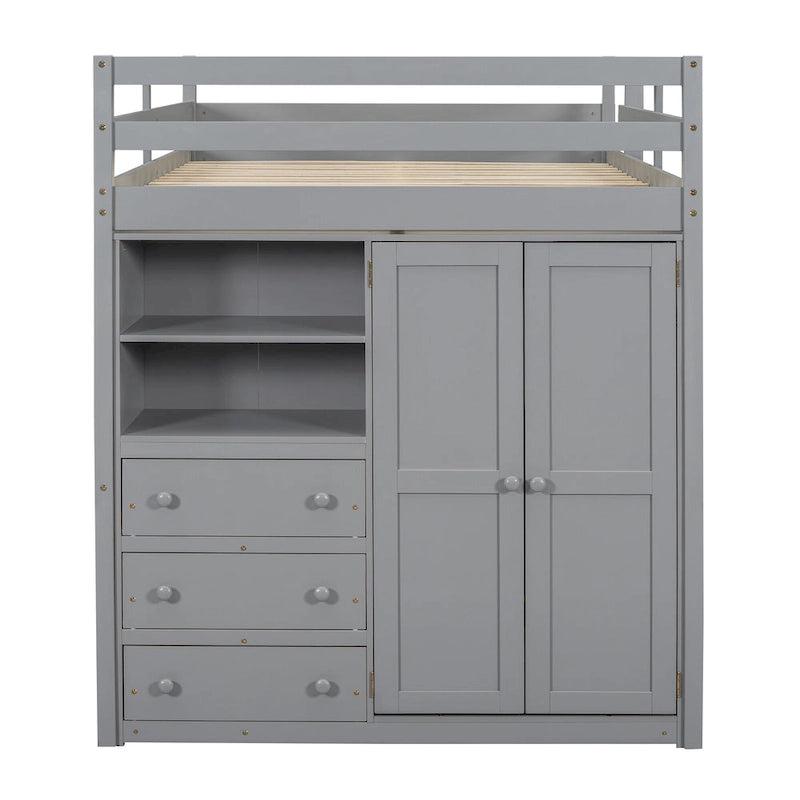 Lit mezzanine en bois massif avec armoire et bureau
