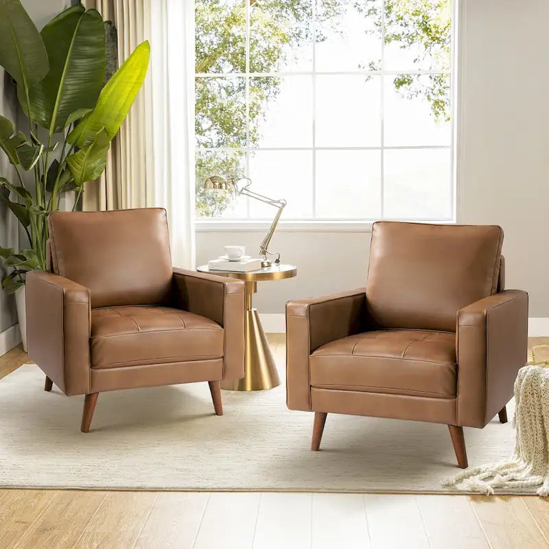 Fauteuil Elizabeth en cuir véritable, style Mid-century