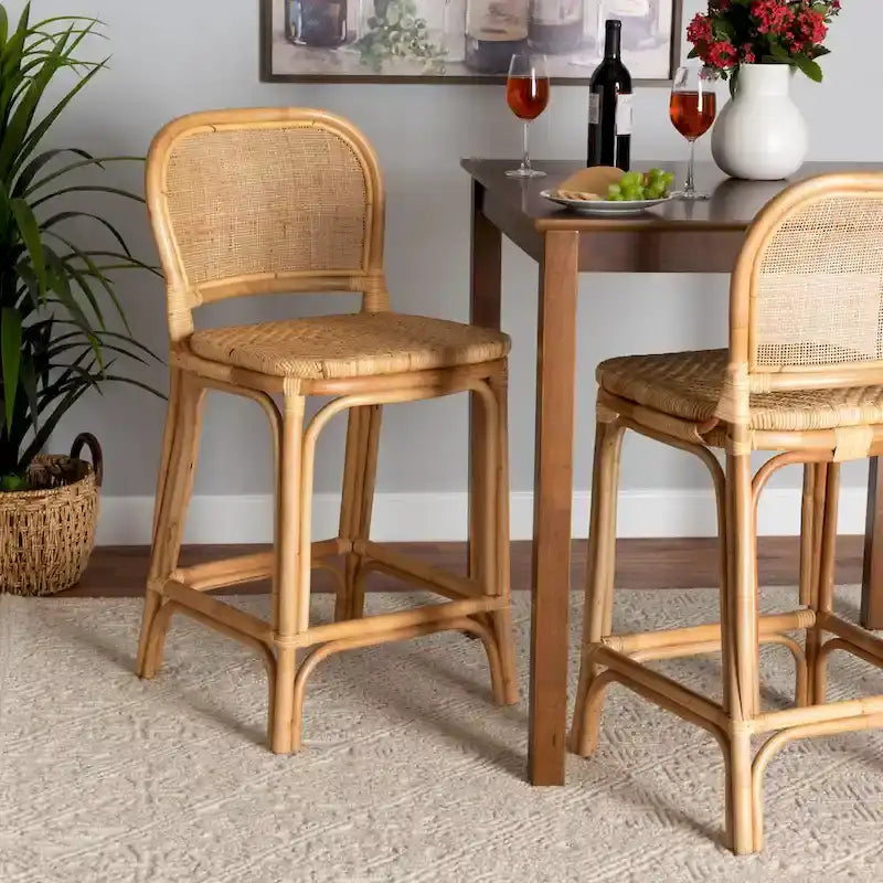 Tabouret en rotin naturel brun, style bohème moderne