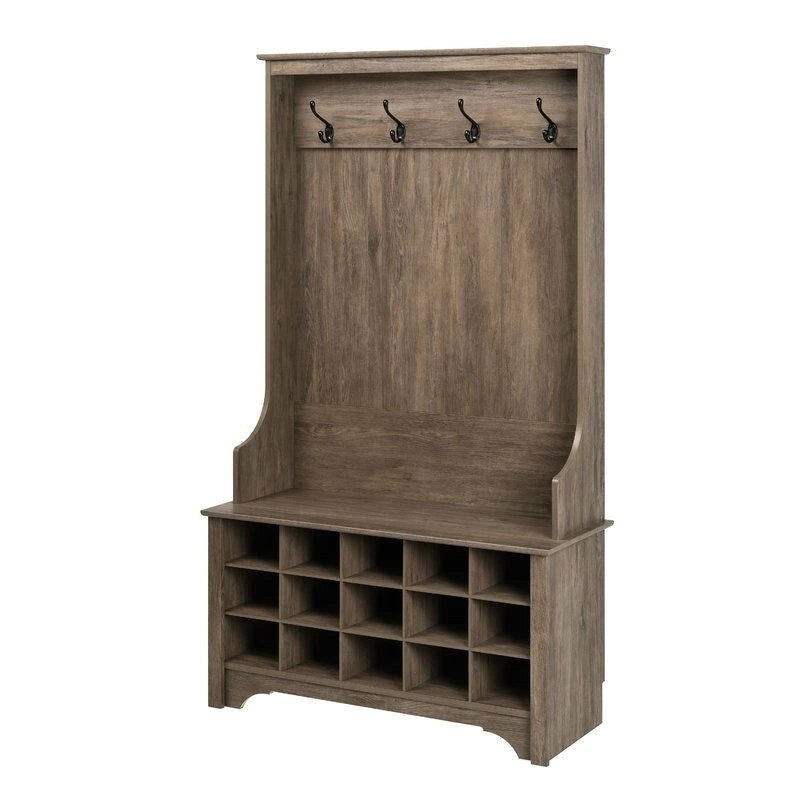 Meuble d'entrée gris avec banc à chaussures et patère