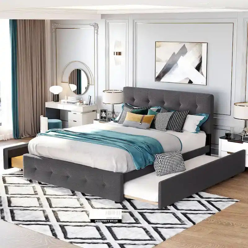 Lit plateforme en tissu de lin