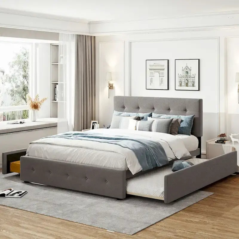Lit plateforme en tissu de lin