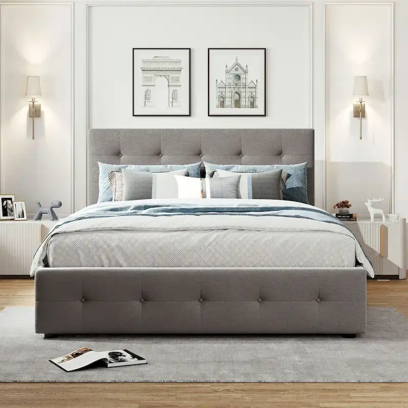 Lit plateforme en tissu de lin
