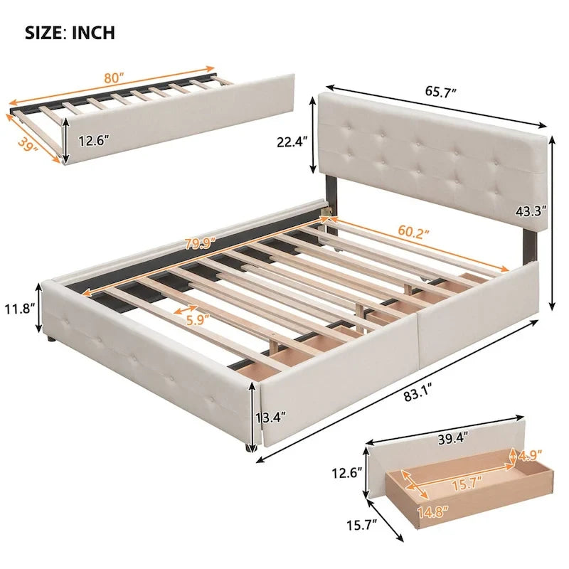 Lit plateforme en tissu de lin