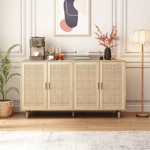Meuble de rangement décoratif en rotin à 4 portes