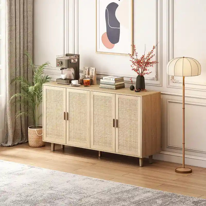 Meuble de rangement décoratif en rotin à 4 portes