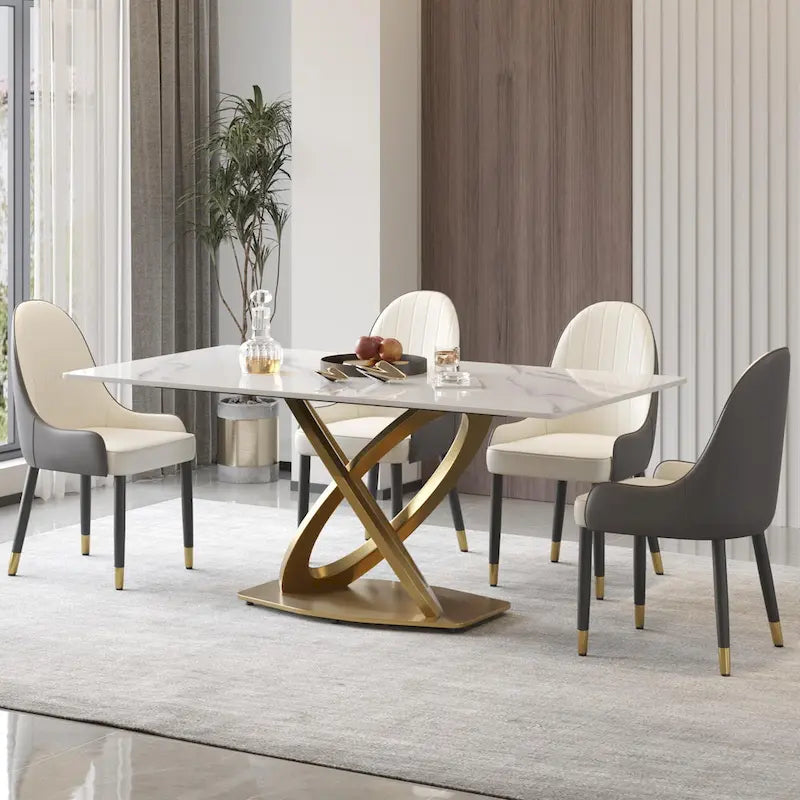 Table à manger 70 en pierre frittée blanche avec pied piédestal doré en acier inoxydable