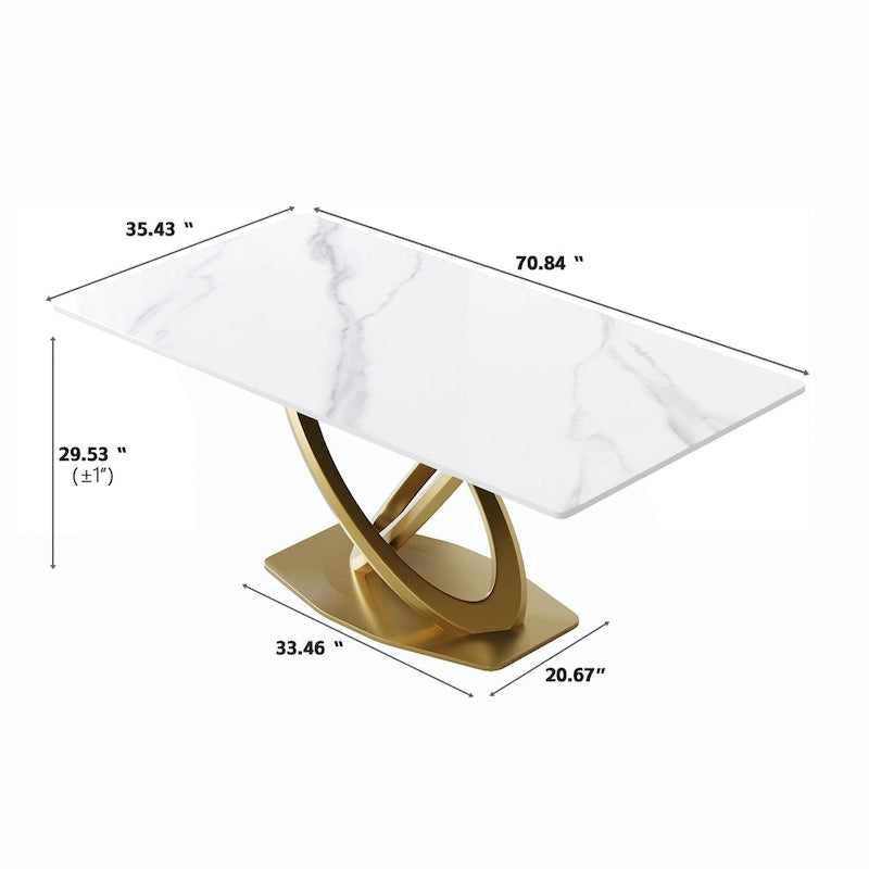 Table à manger 70 en pierre frittée blanche avec pied piédestal doré en acier inoxydable
